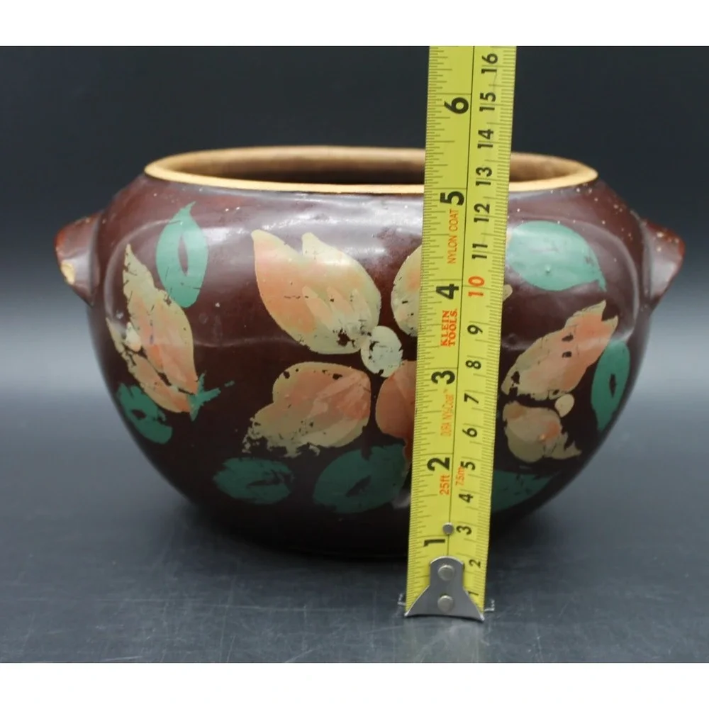 Vintage USA Pottery Brown Floral Bean Pot Crock 2 Handle Hand Painted Stoneware